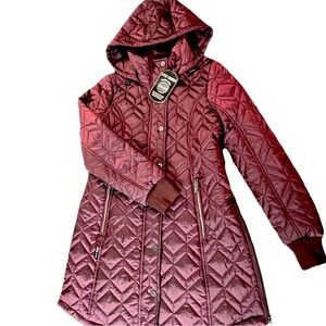 Steve Madden Quilted Hooded Coat Burgundy WS Long Jacket Glacier Shield- NWT